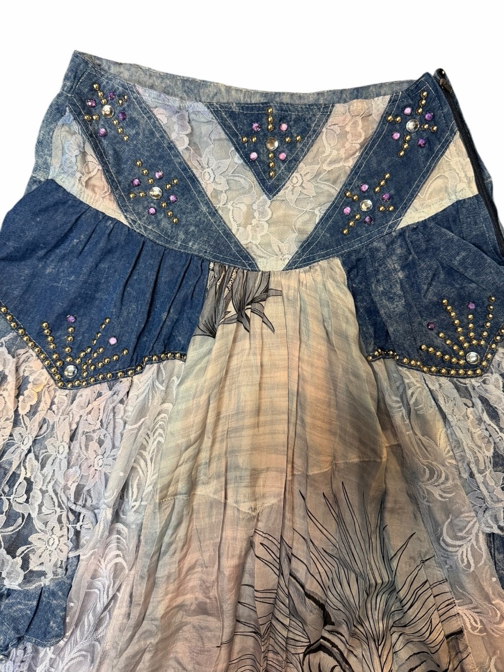 Handmade Wearable Art Zebra Woman Denim Lace Patchwork Maxi Skirt Boho M Gypsy - Picture 9 of 14